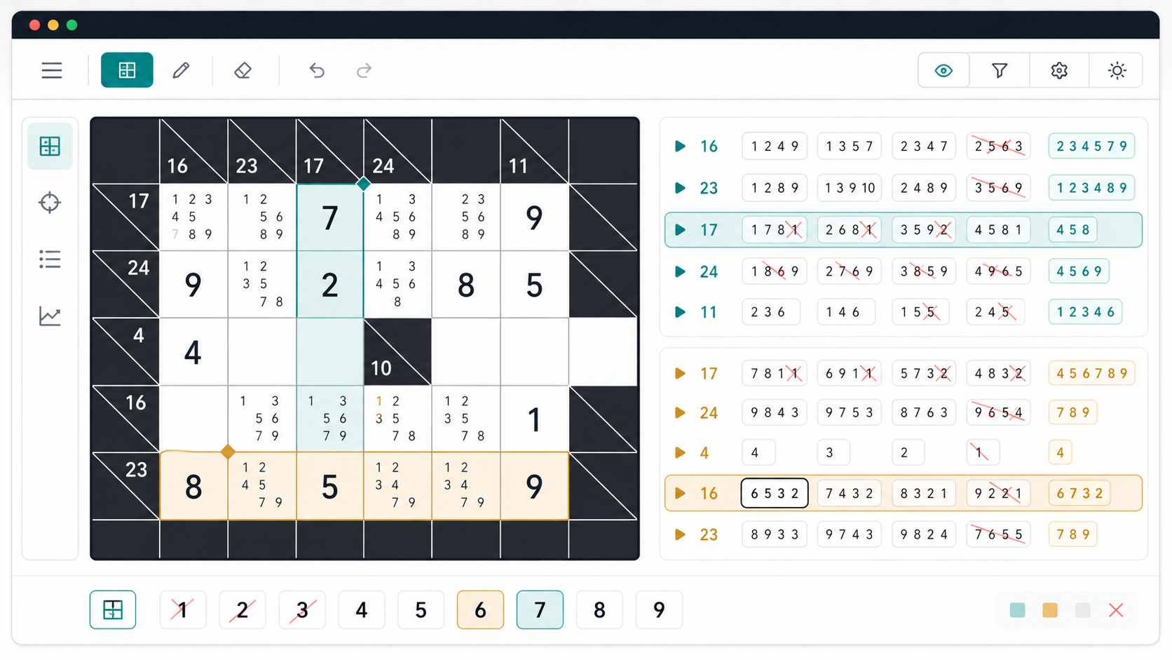 Kakuro Solver result with complete answer, conflict panel, uniqueness status, and reasoning steps