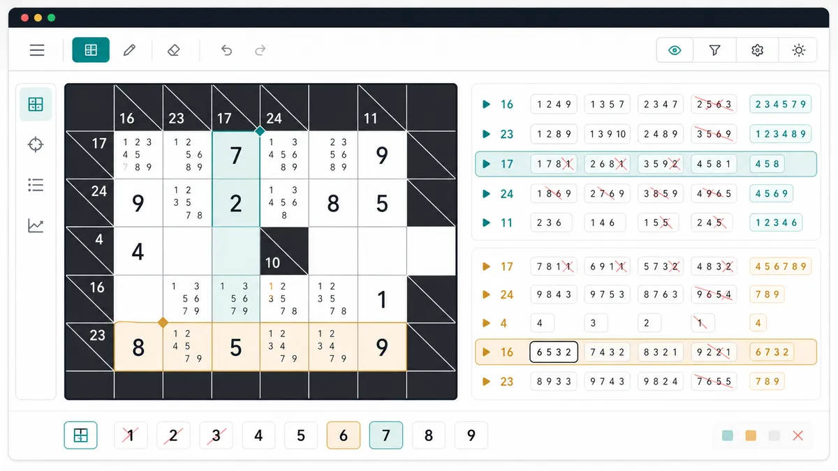 Kakuro Solver result with complete answer, conflict panel, uniqueness status, and reasoning steps