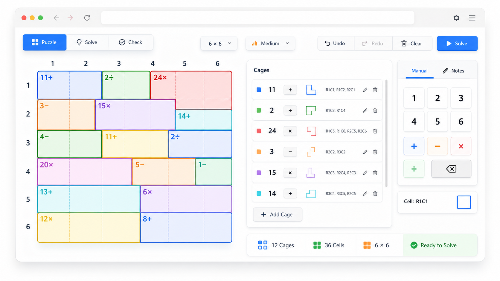 KenKen Solver interface for entering cage IDs and arithmetic targets