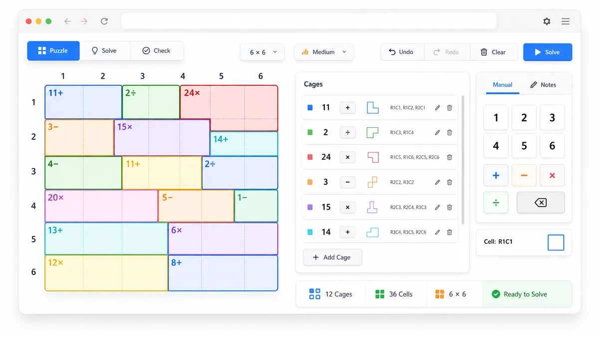 KenKen Solver interface for entering cage IDs and arithmetic targets