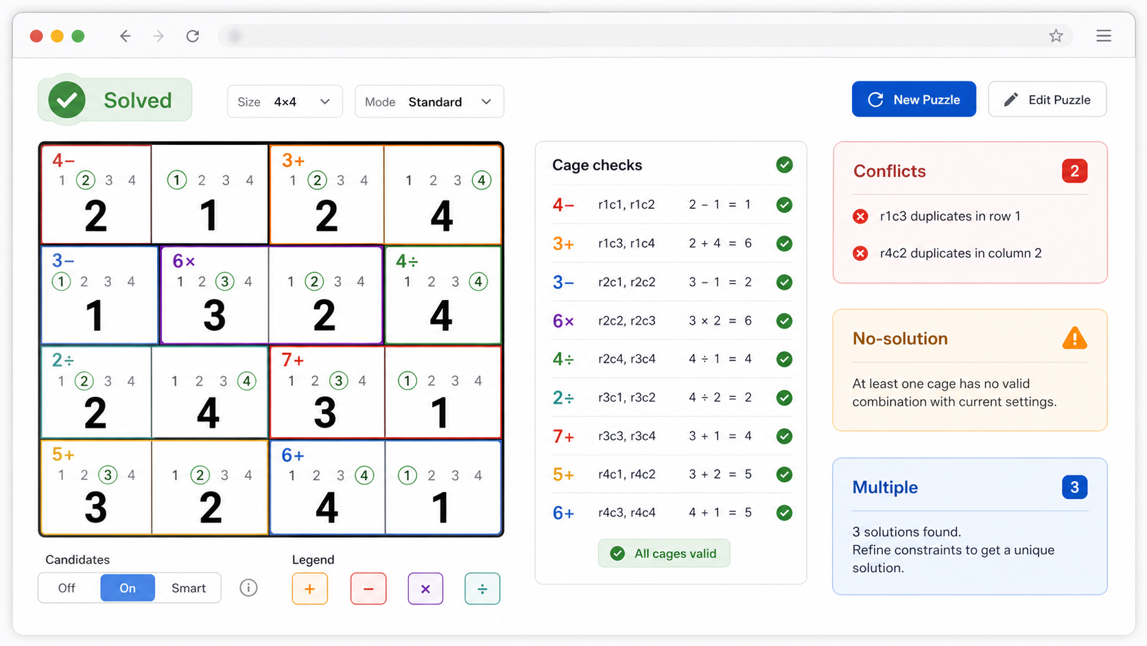 KenKen Solver result with solved grid, candidates, and cage calculation checks