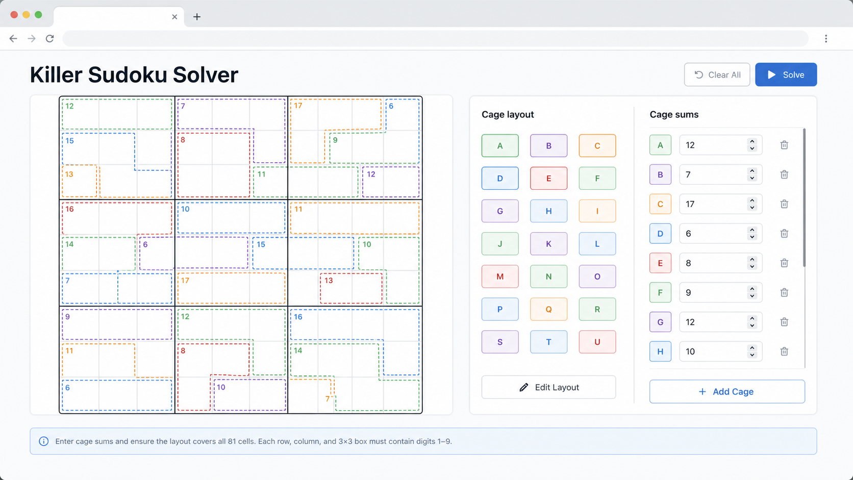 Killer Sudoku Solver interface with cage layout, known digits, and cage sum input