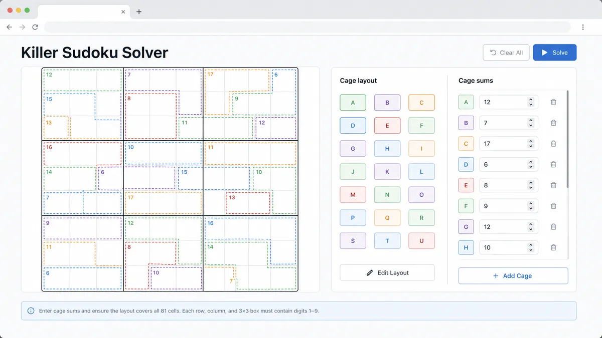 Killer Sudoku Solver interface with cage layout, known digits, and cage sum input