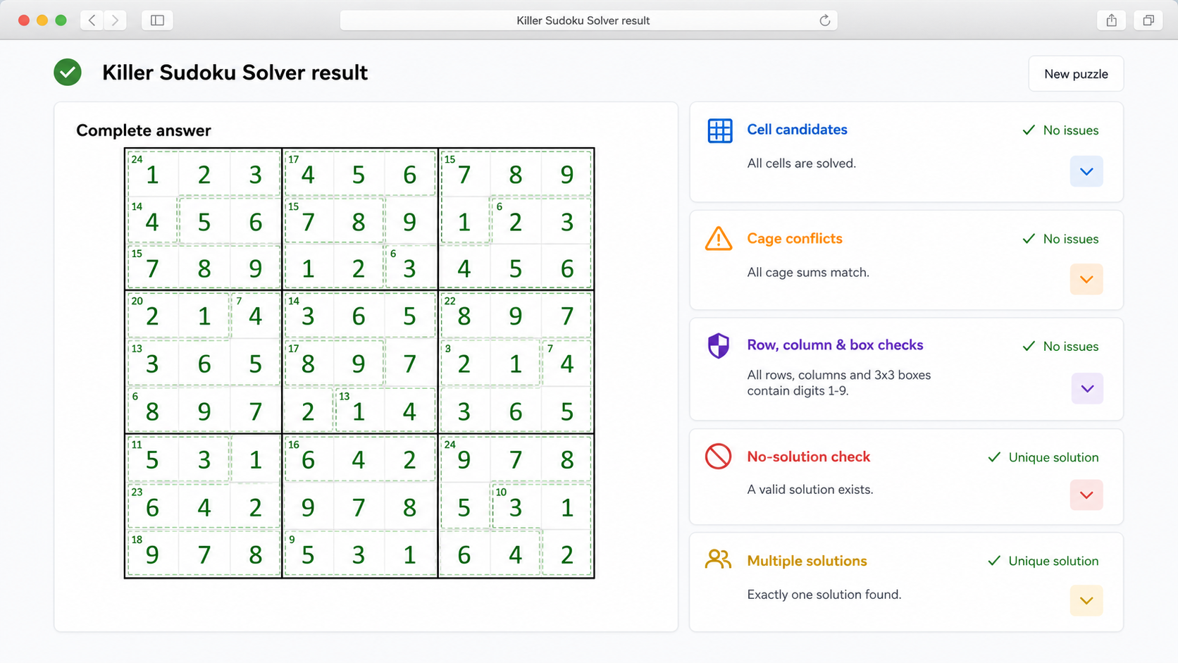 Killer Sudoku Solver result with complete answer, candidates, and conflict panels