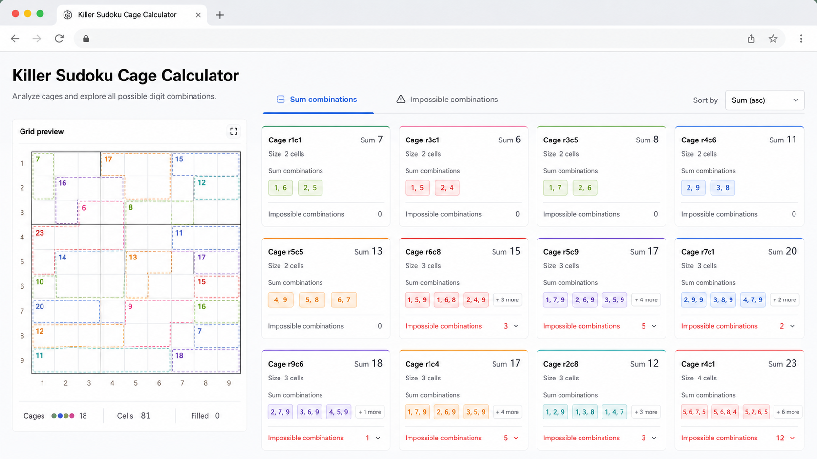 Killer Sudoku Cage Calculator showing available sum combinations and impossible combinations