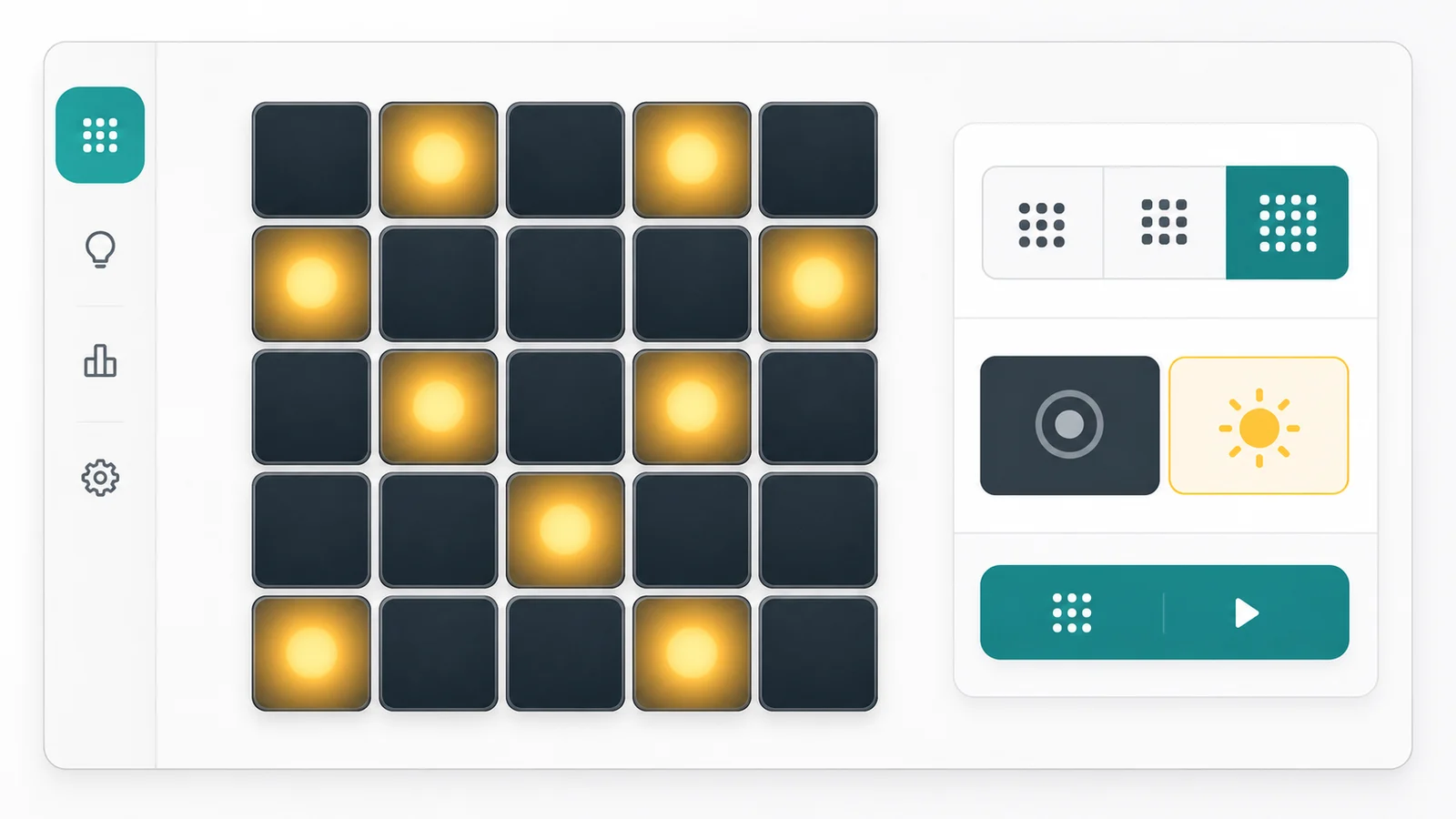 Lights Out Solver manual input interface with a 5 by 5 board of on and off lights