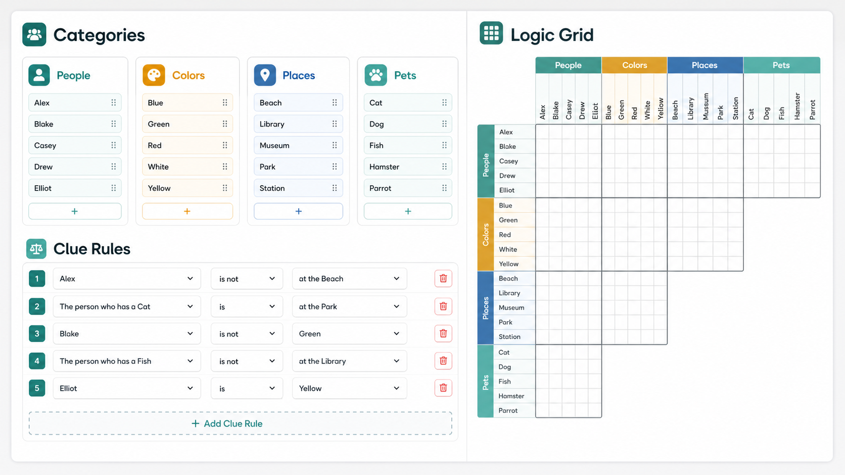 Logic Grid Puzzle Solver final answer table with clue change log