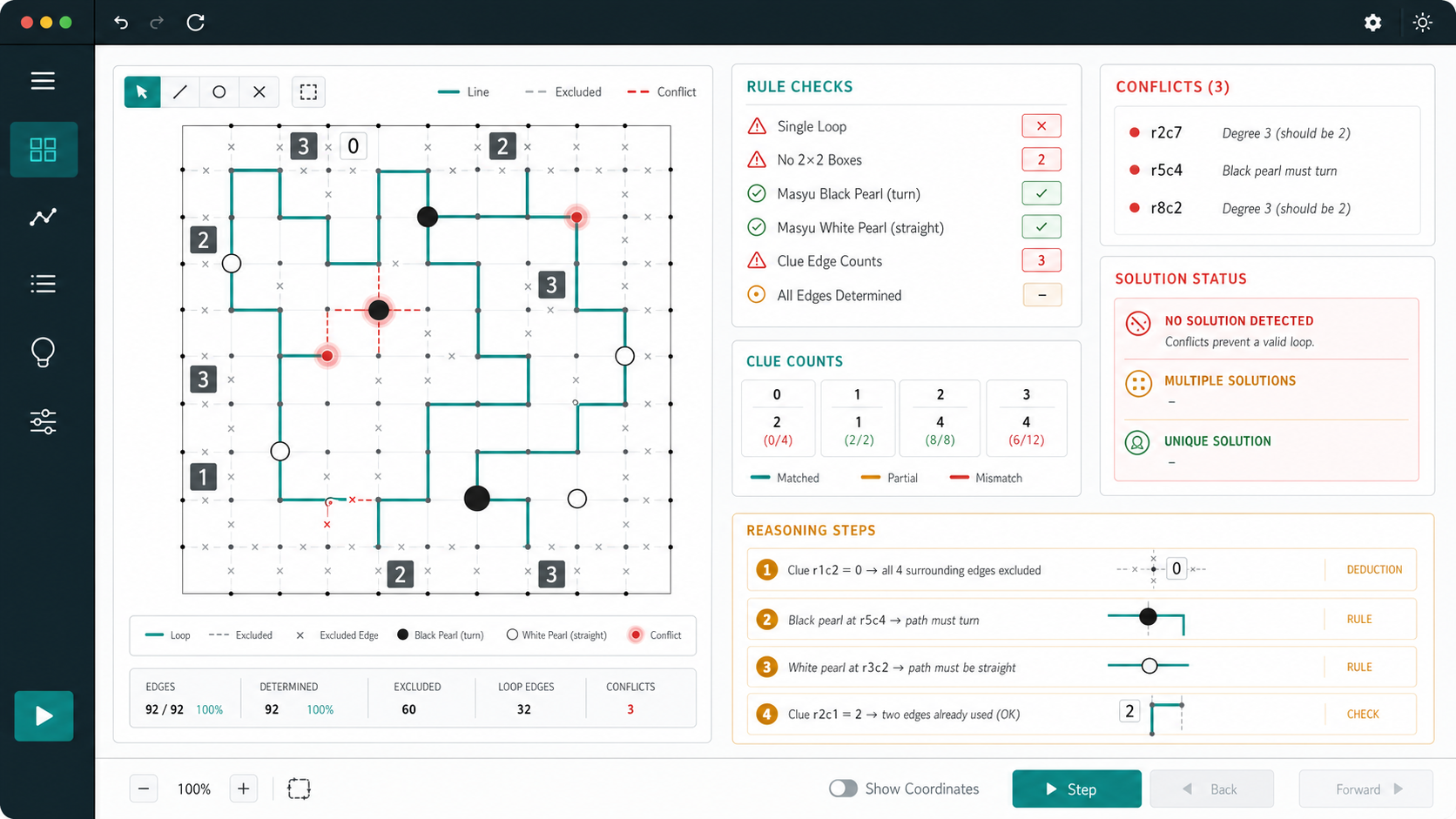 Loop Puzzle Solver diagnostics with clue counts, pearl constraints, and rule warnings