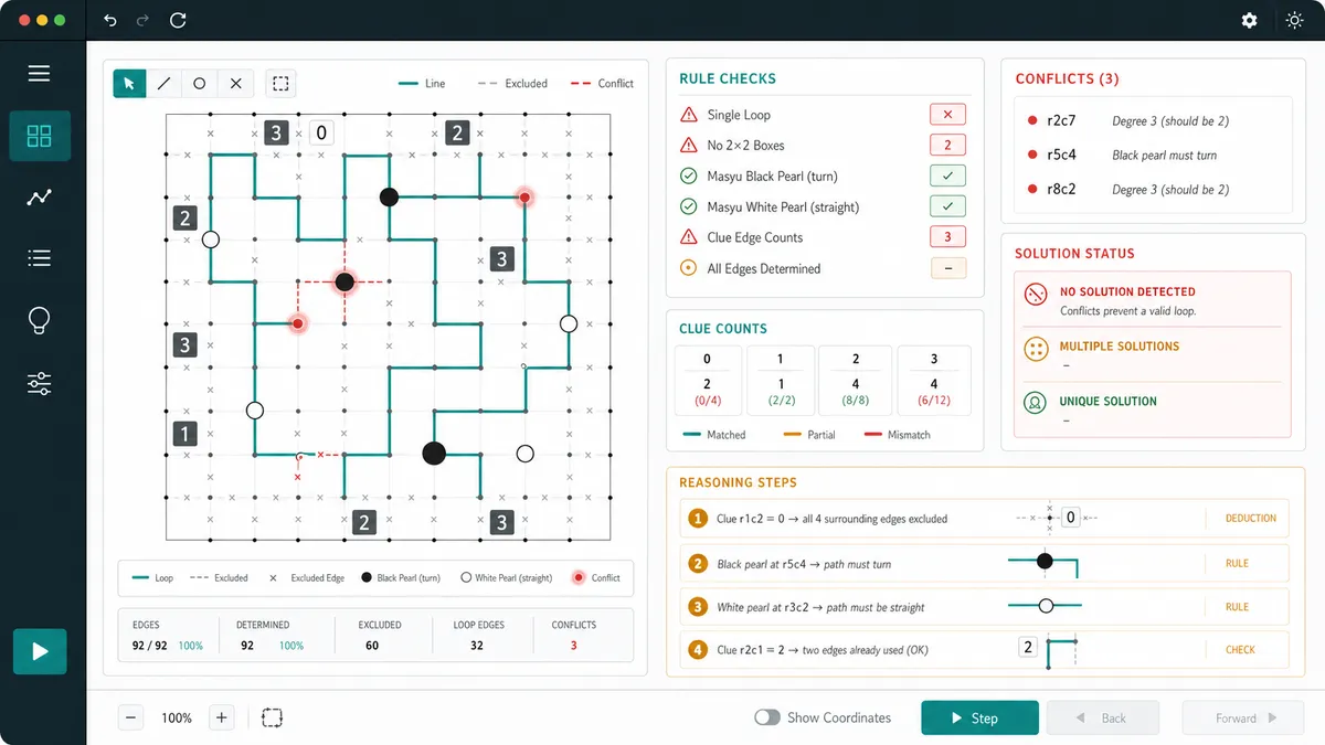 Loop Puzzle Solver diagnostics with clue counts, pearl constraints, and rule warnings