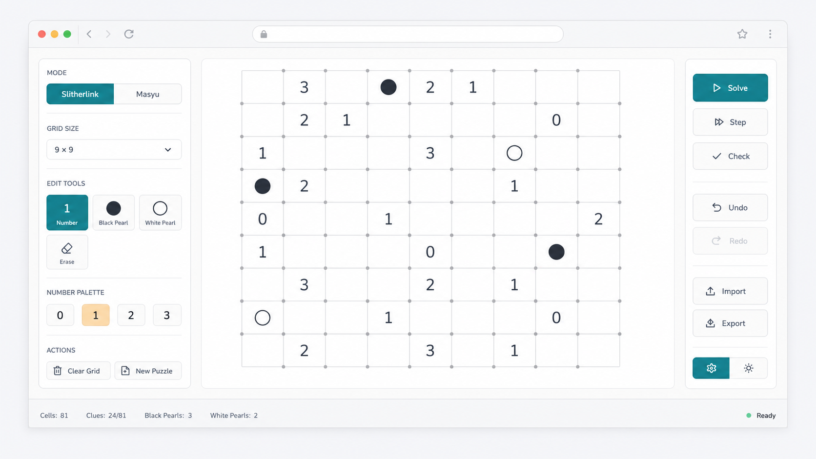 Loop Puzzle Solver interface for entering Slitherlink clues and Masyu pearls