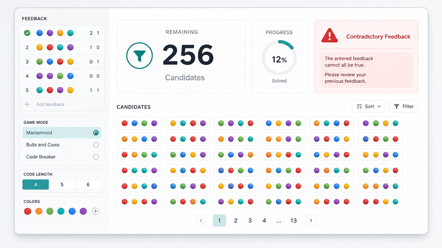Mastermind Solver results showing remaining candidates and contradictory feedback