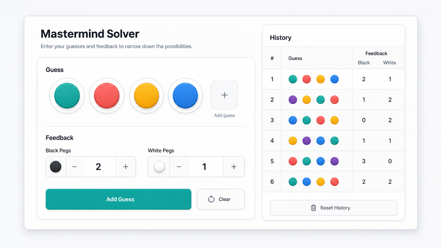 Mastermind Solver interface for entering guesses with black peg and white peg feedback