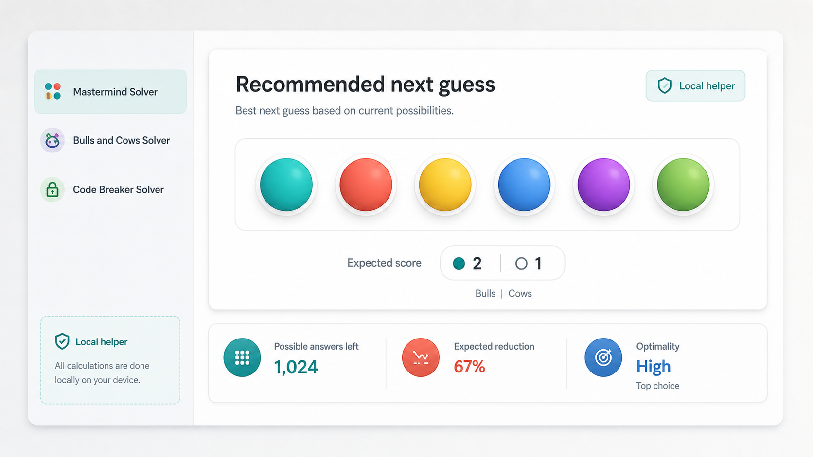 Mastermind Solver recommendation panel showing the next suggested code