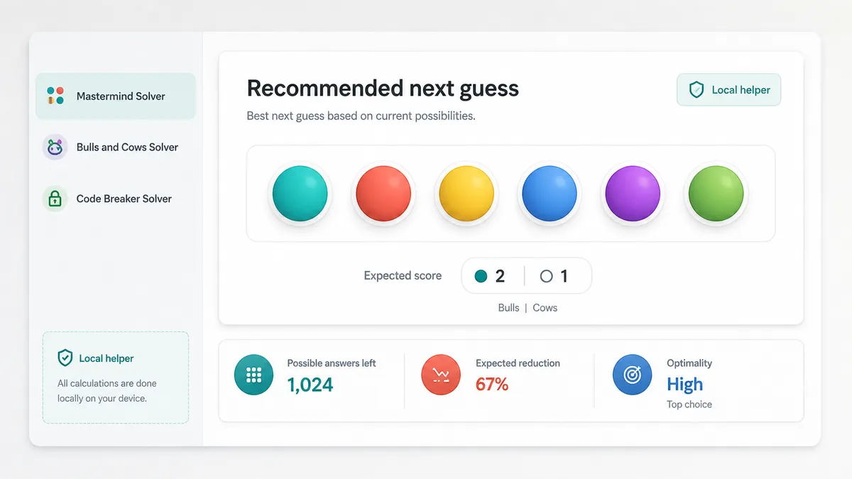 Mastermind Solver recommendation panel showing the next suggested code