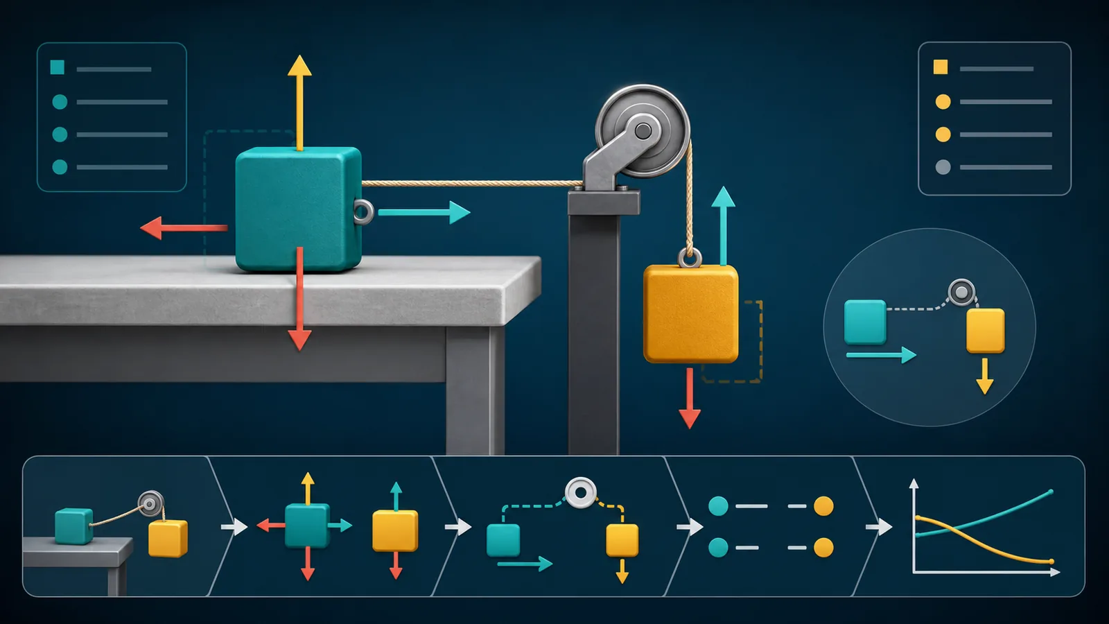 Mechanics Reasoning Solver illustration showing connected bodies with separate force structures