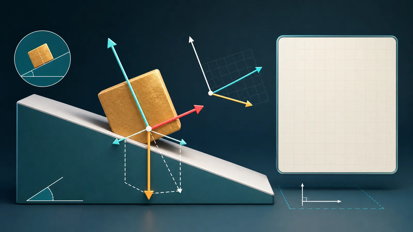 Mechanics Reasoning Solver illustration showing a block on an incline with force arrows and axes