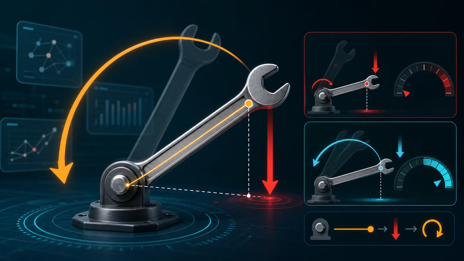 Mechanics Reasoning Solver illustration showing lever arm torque and rotation tendency