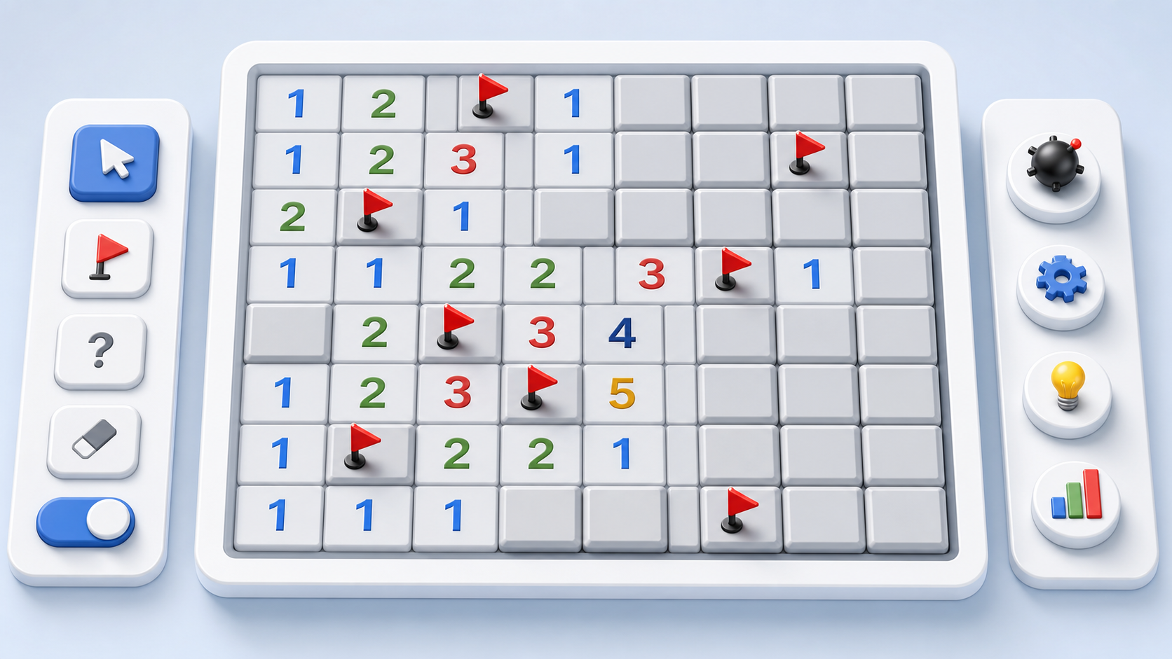 Minesweeper Solver board input with opened numbers, unknown squares, and marked mines