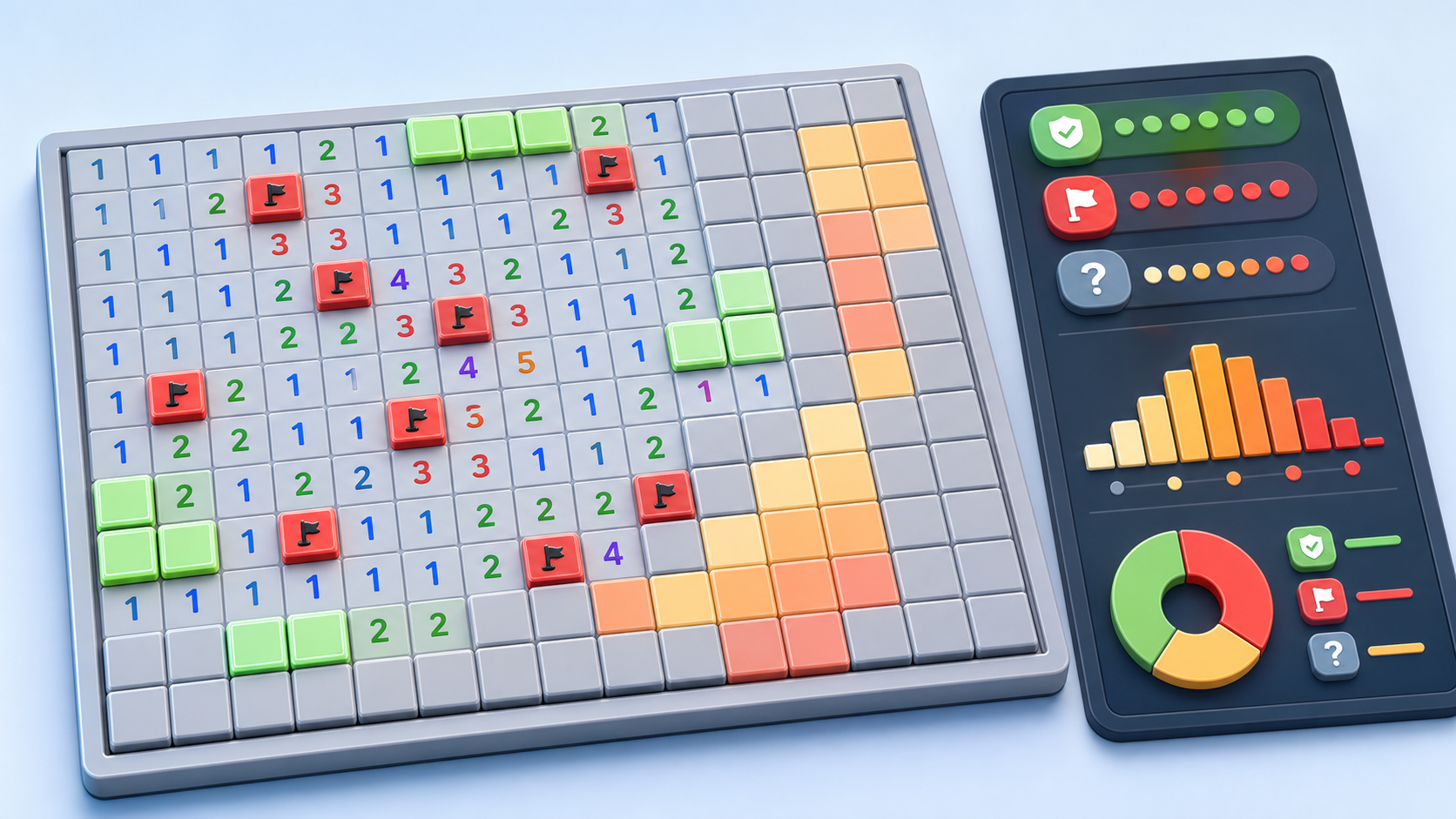 Minesweeper Solver results distinguishing guaranteed safe cells, guaranteed mines, and probability heat map