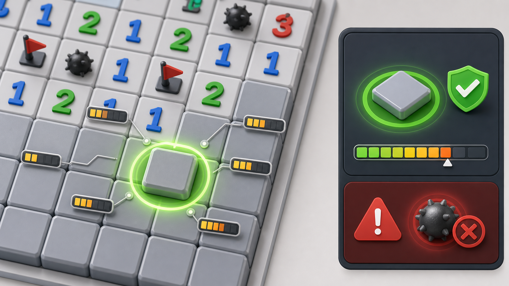 Minesweeper Solver next move recommendation with a low-risk covered square highlighted