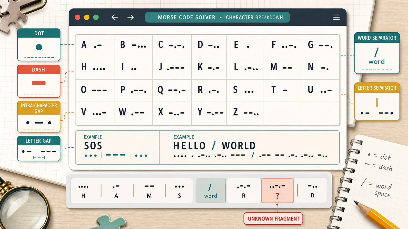 Morse Code Solver character breakdown table with separators and unknown fragments