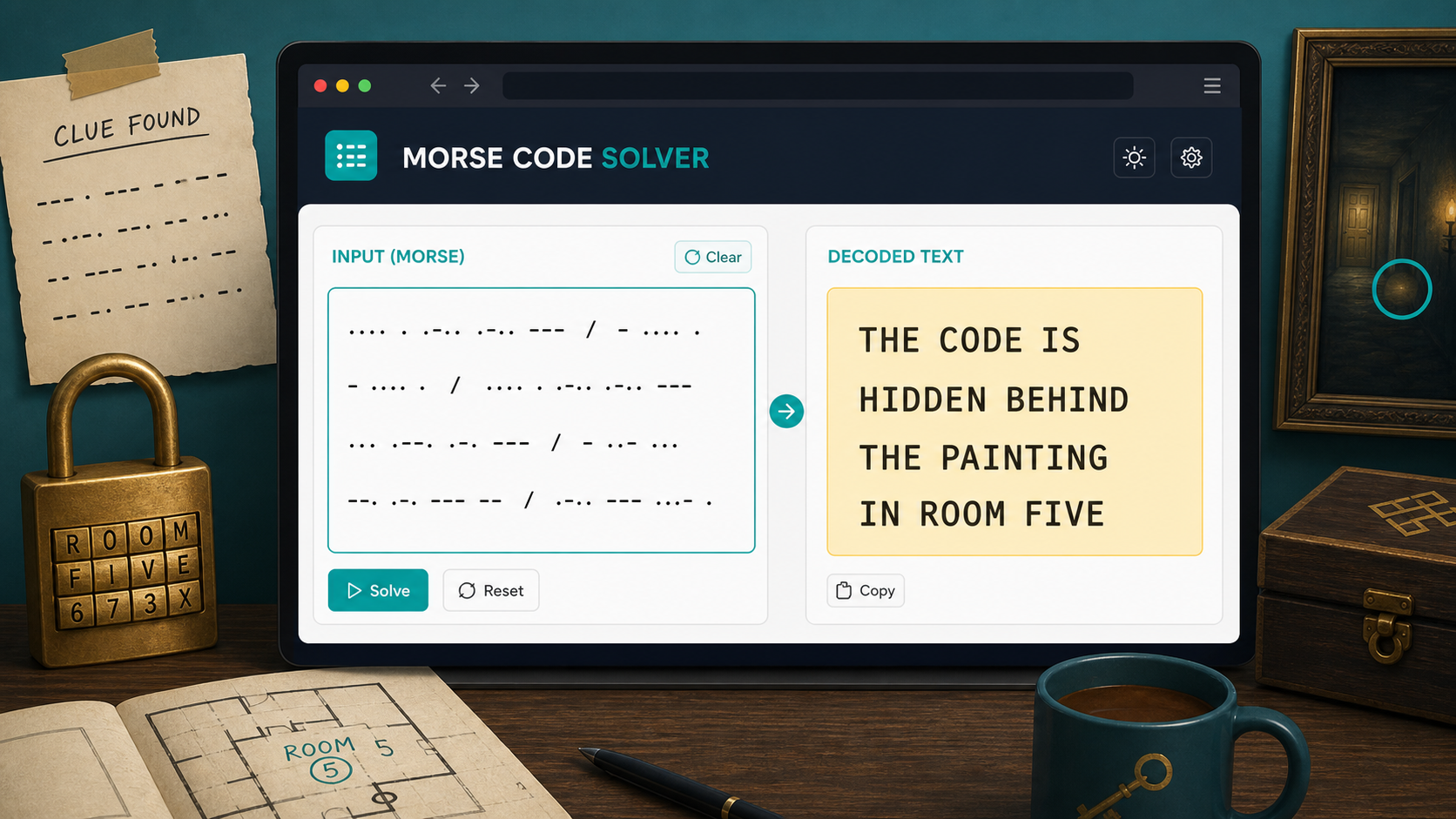 Morse Code Solver interface decoding an escape-room dot-dash clue into text