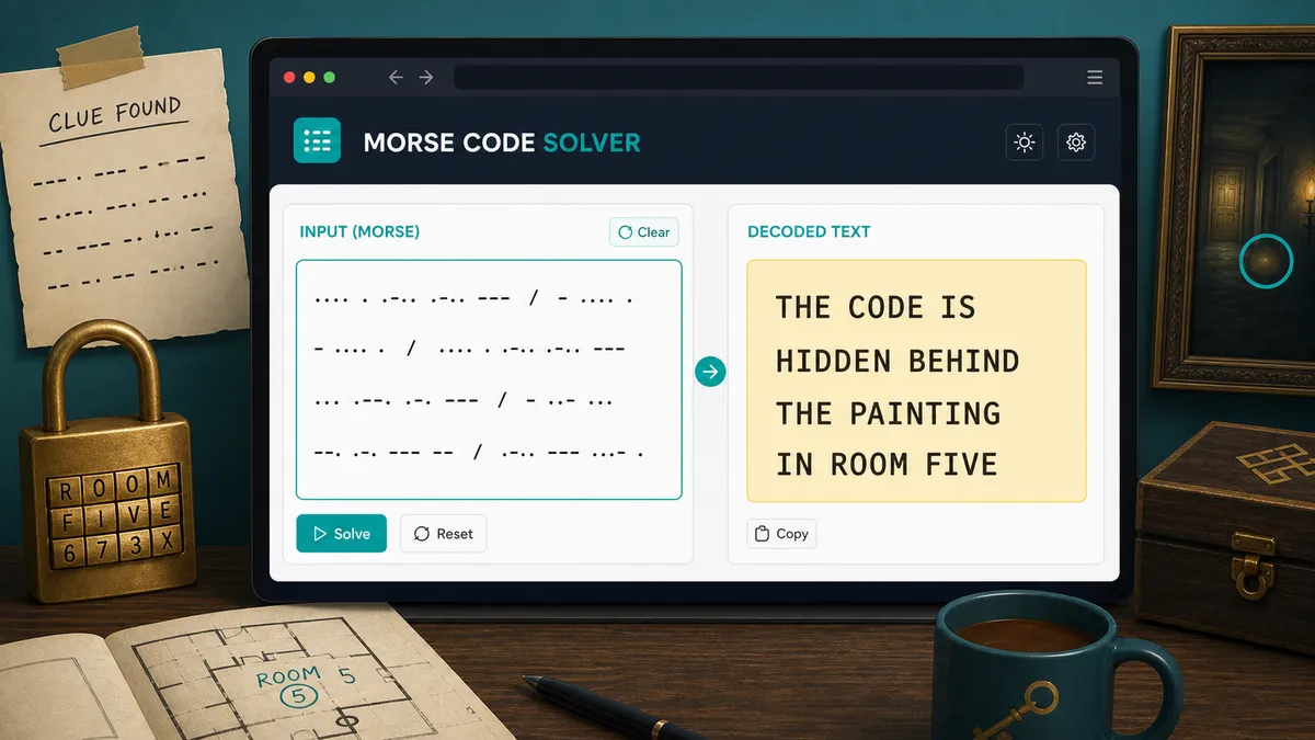 Morse Code Solver interface decoding an escape-room dot-dash clue into text