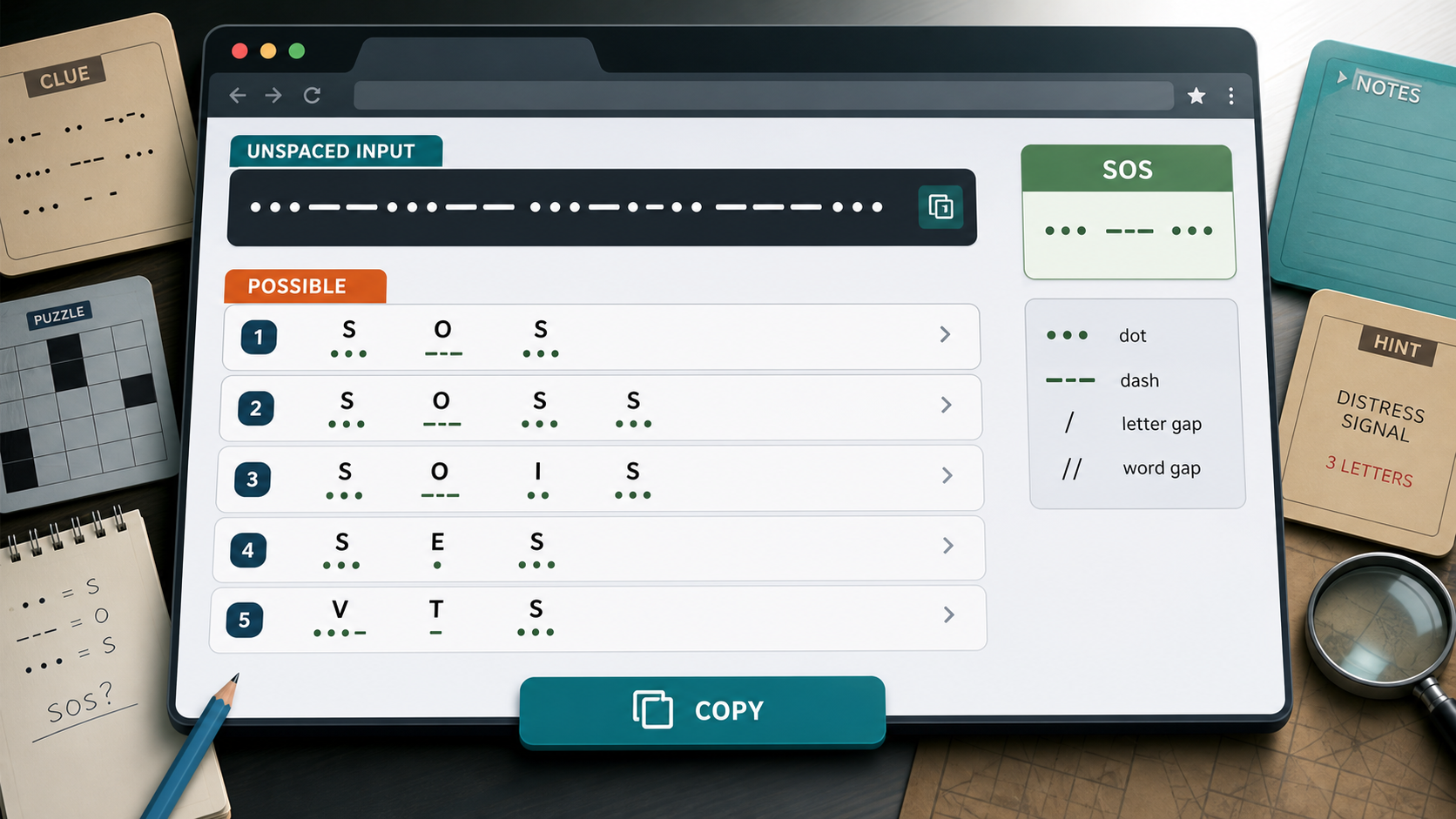 Morse Code Solver showing possible interpretations for unspaced Morse code and an SOS example