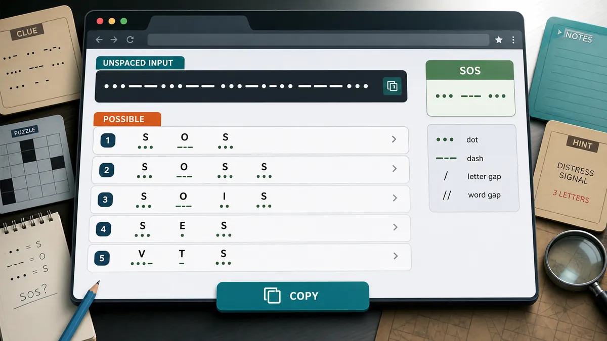 Morse Code Solver showing possible interpretations for unspaced Morse code and an SOS example