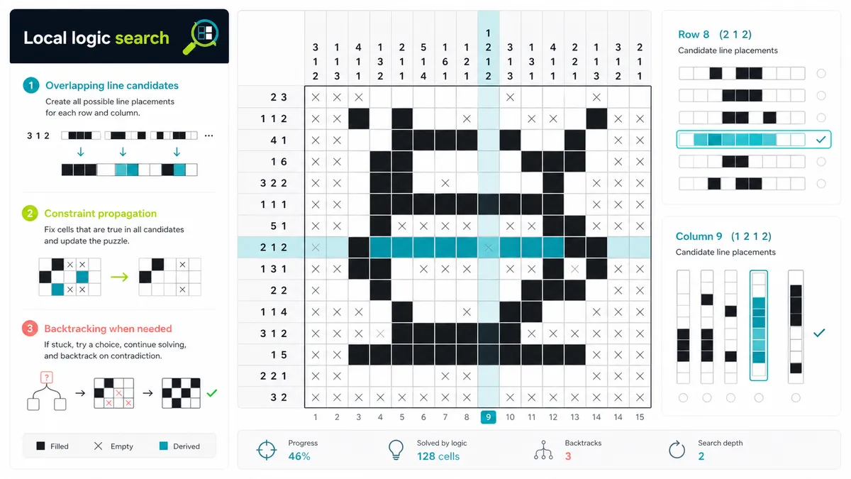 Nonogram Solver showing local logic search across a black and white grid