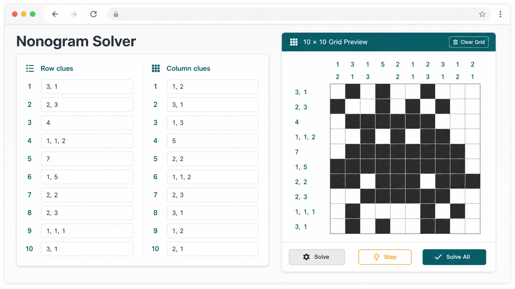Nonogram Solver result with solved grid and clue validation panels