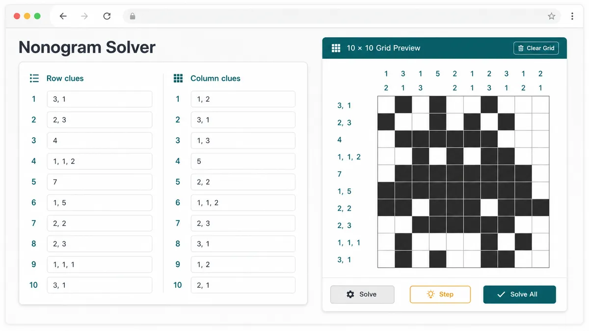 Nonogram Solver result with solved grid and clue validation panels