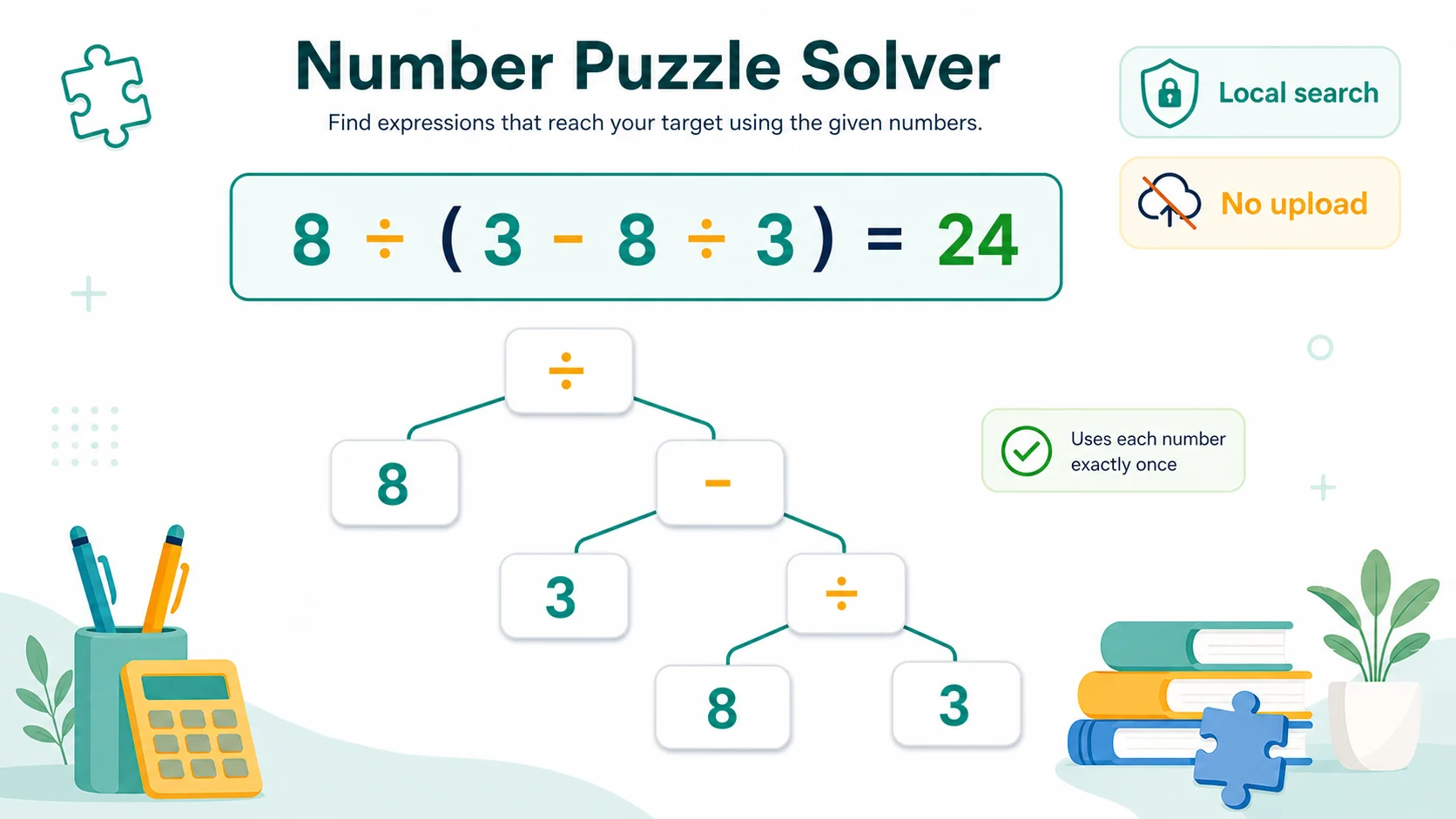 Number Puzzle Solver local arithmetic expression search with operators and parentheses