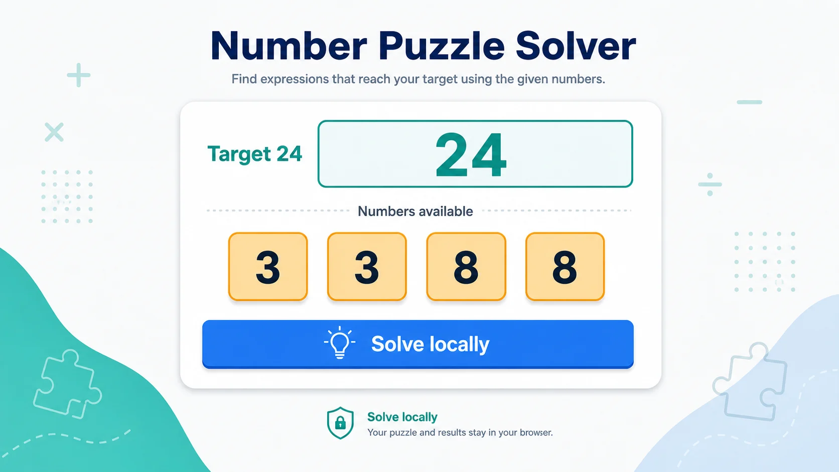 Number Puzzle Solver input screen with target number and available number chips