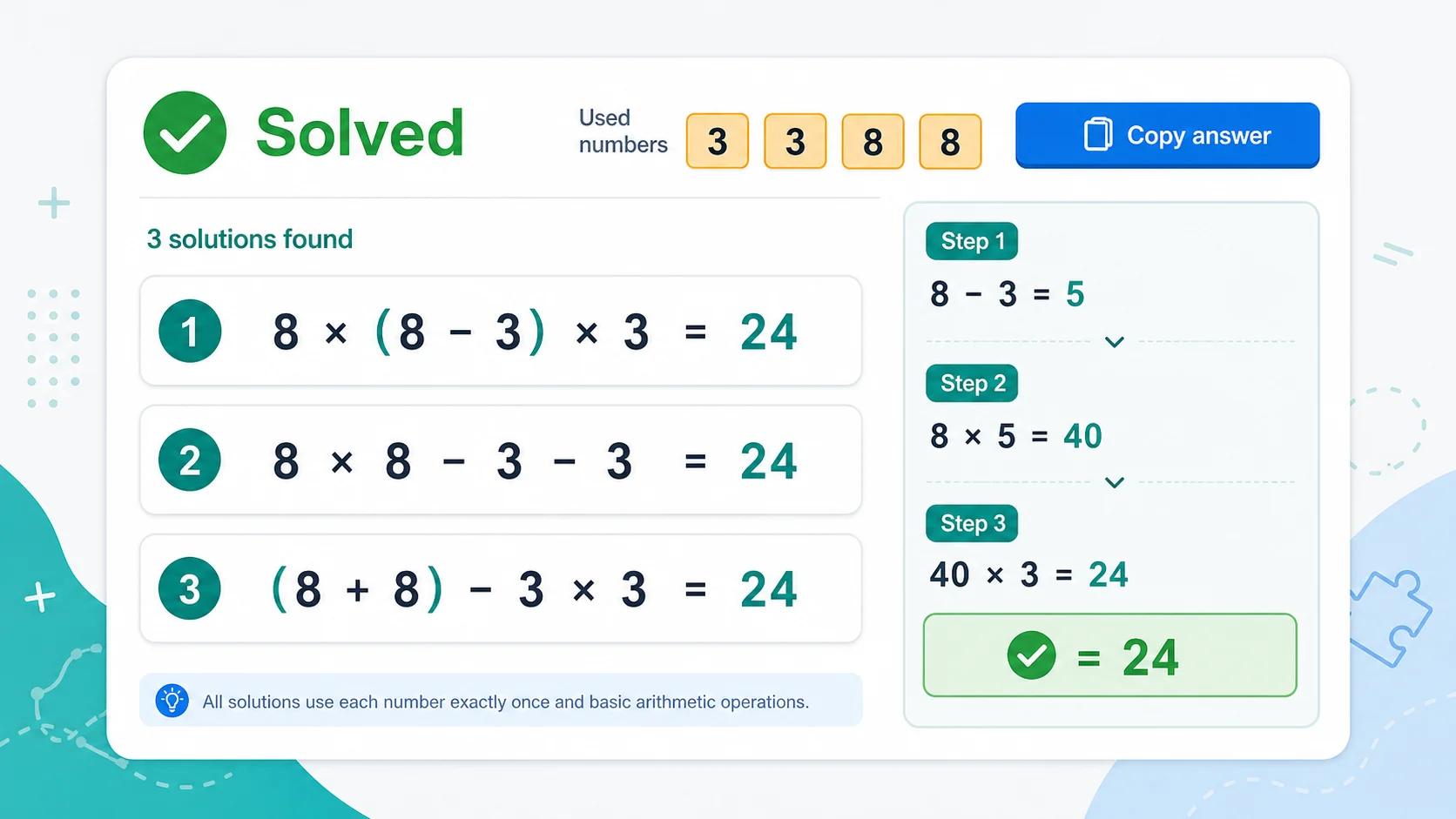 Number Puzzle Solver results showing multiple expressions and step-by-step calculations