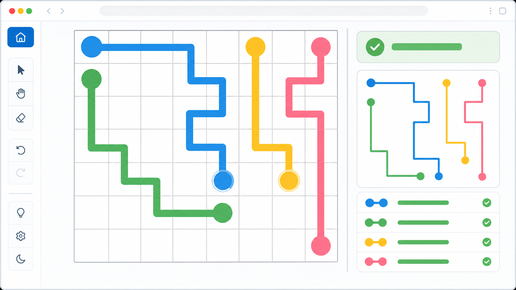 Path Connection Puzzle Solver interface with colored endpoint pairs and non-crossing paths
