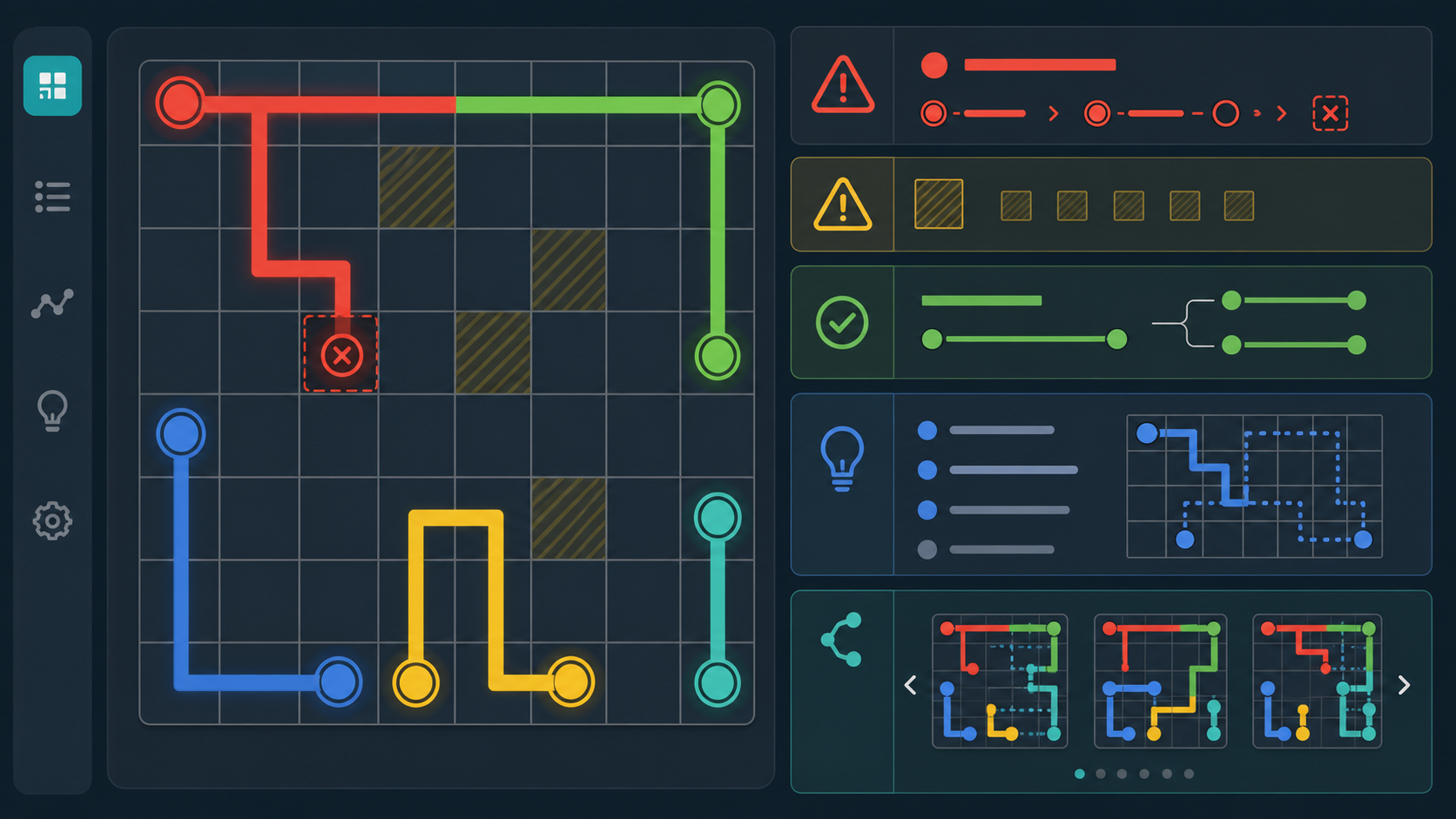Path Connection Puzzle Solver diagnostics for dead ends, uncovered cells, and possible path layouts