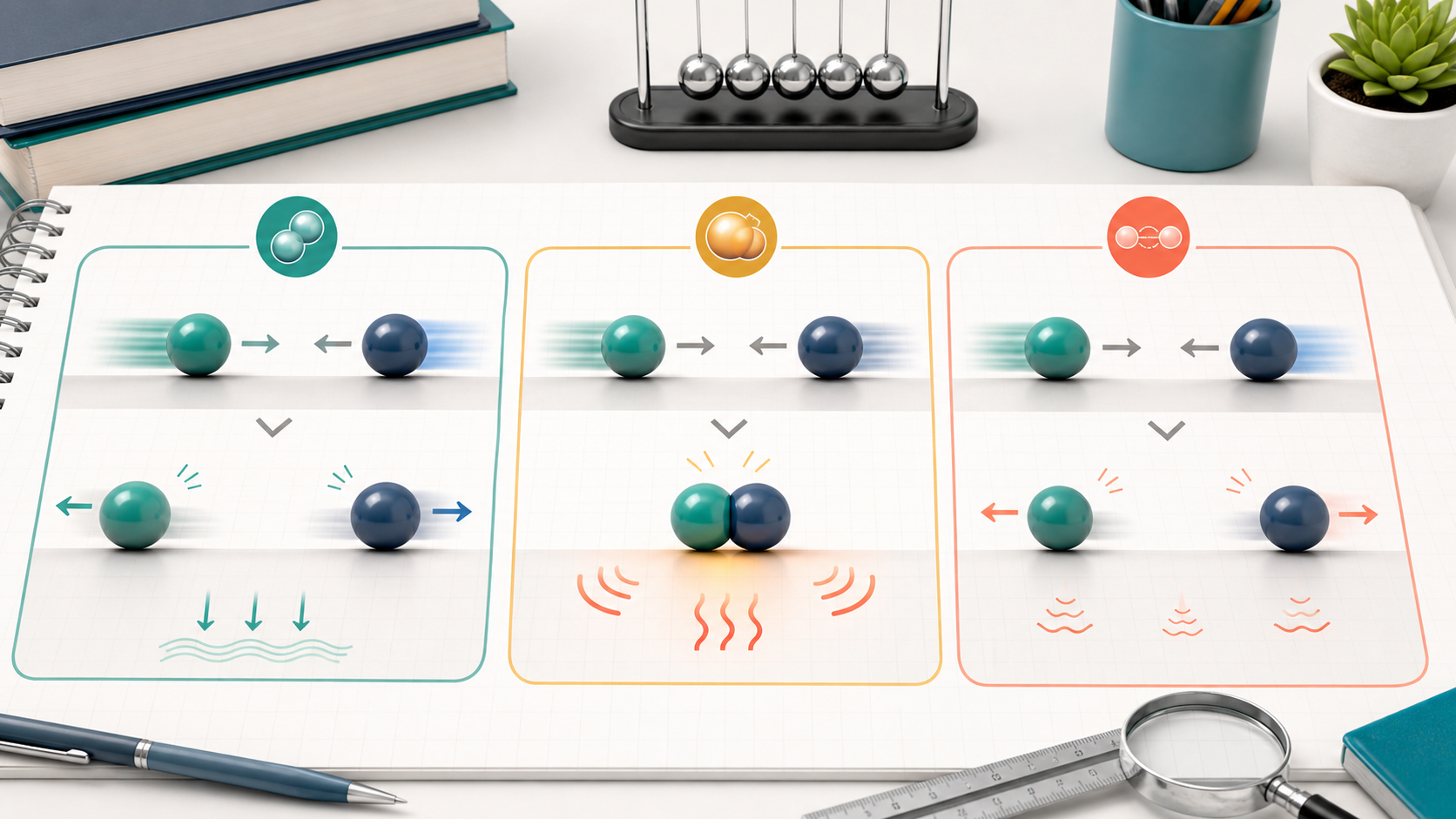Physics Interaction Solver illustration comparing elastic, inelastic, and partial interaction outcomes