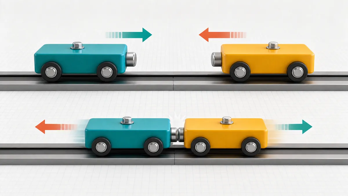 Physics Interaction Solver illustration of two carts interacting with direction arrows