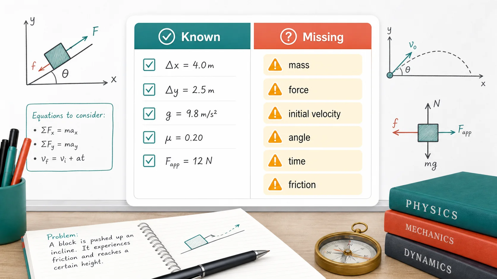 Physics Problem Solver Hub illustration showing known quantities and missing variables