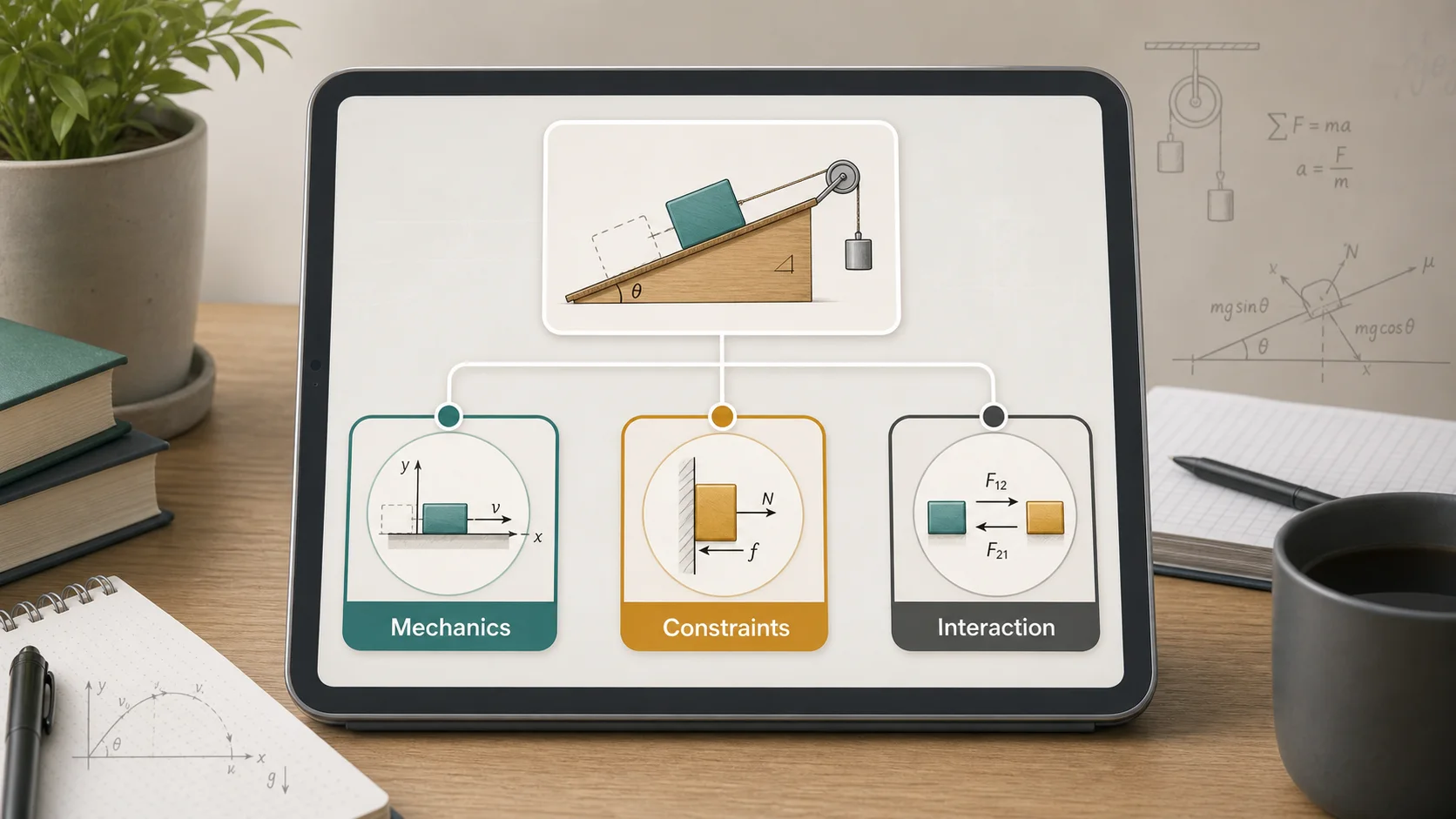 Physics Problem Solver Hub illustration showing mechanics constraints and interaction classification