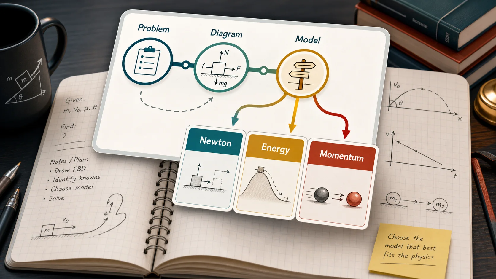 Physics Problem Solver Hub illustration showing a Newton Energy and Momentum reasoning roadmap