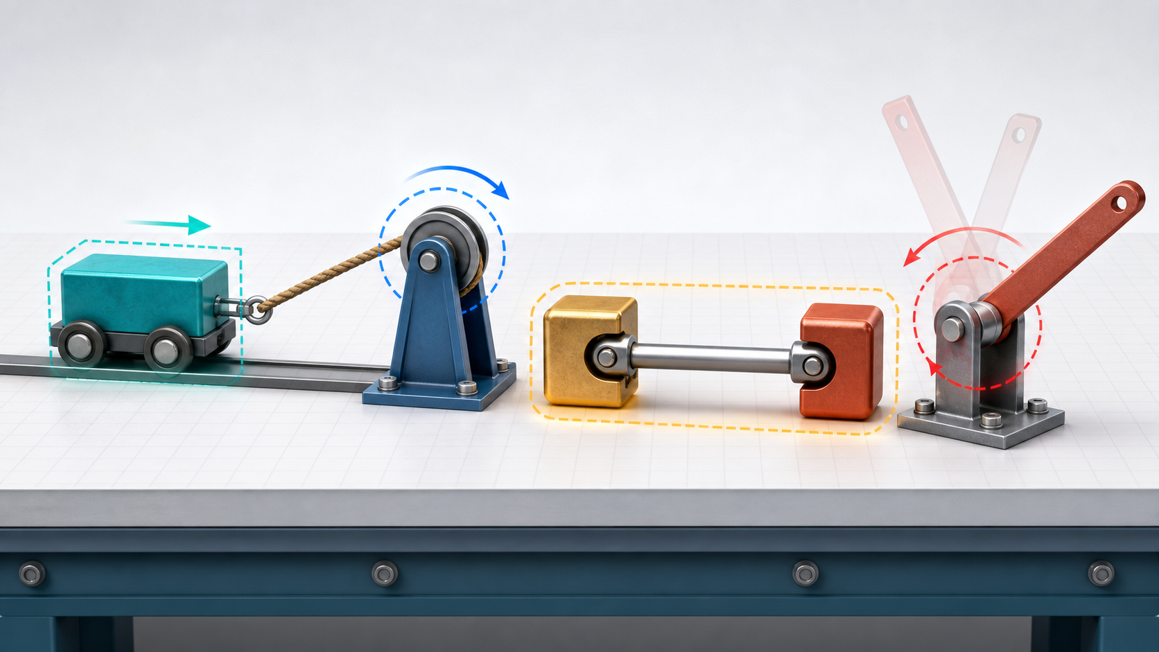 Physics System Constraints Solver illustration showing rope, pulley, rigid link, and hinge constraint visuals