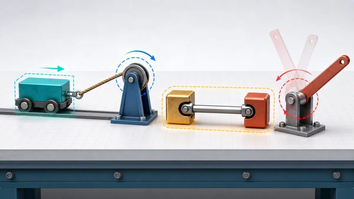 Physics System Constraints Solver illustration showing rope, pulley, rigid link, and hinge constraint visuals