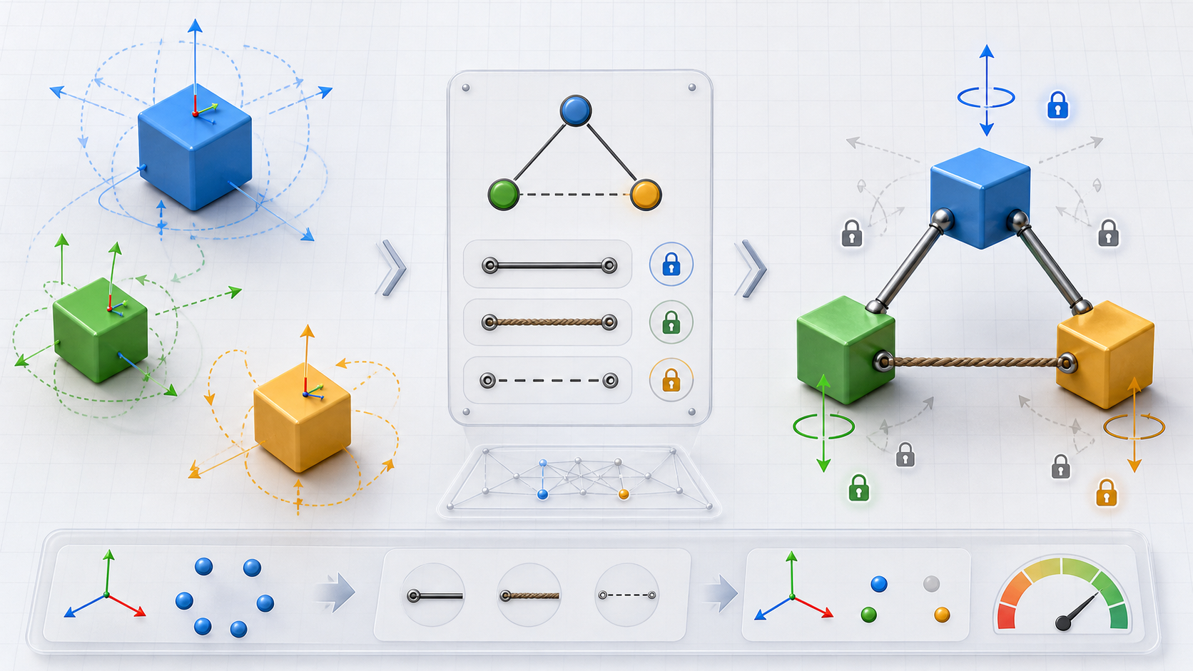 Physics System Constraints Solver illustration showing degrees of freedom reduced by connected system constraints