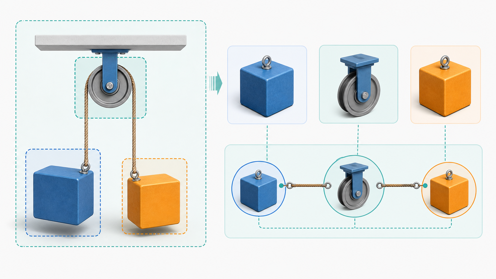 Physics System Constraints Solver illustration showing connected blocks, a pulley, and system structure boundaries
