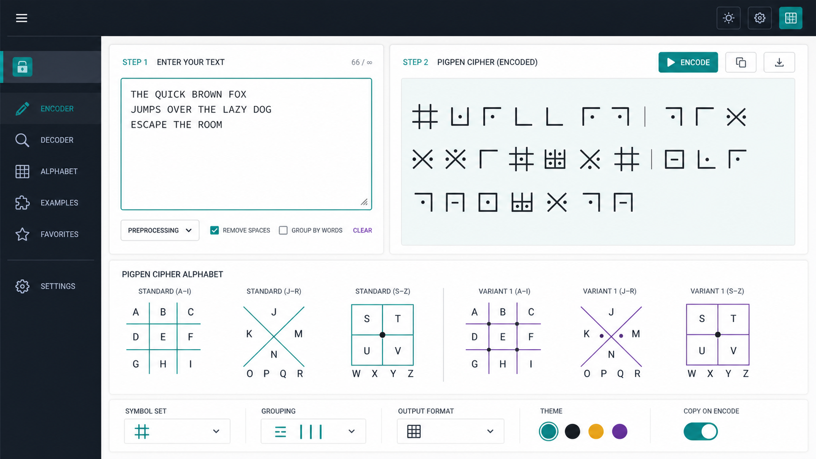 Pigpen Cipher Solver interface with a clickable symbol grid and decoded text result