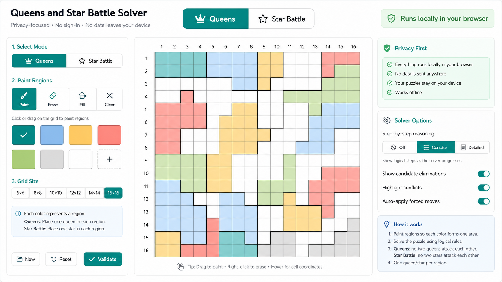 Queens and Star Battle Solver local browser mode screen for Queens and Star Battle puzzles