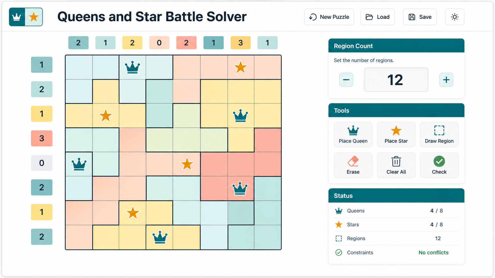 Queens and Star Battle Solver interface with region painting, row counts, and piece tools