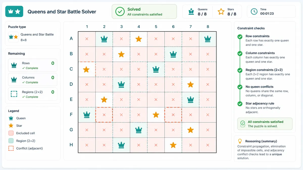 Queens and Star Battle Solver solved grid with remaining counts, excluded cells, and conflict checks
